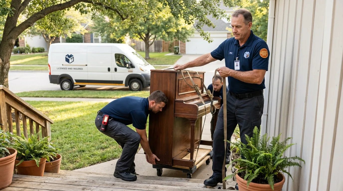 Licensed piano movers securing grand piano in Shattuck, OK