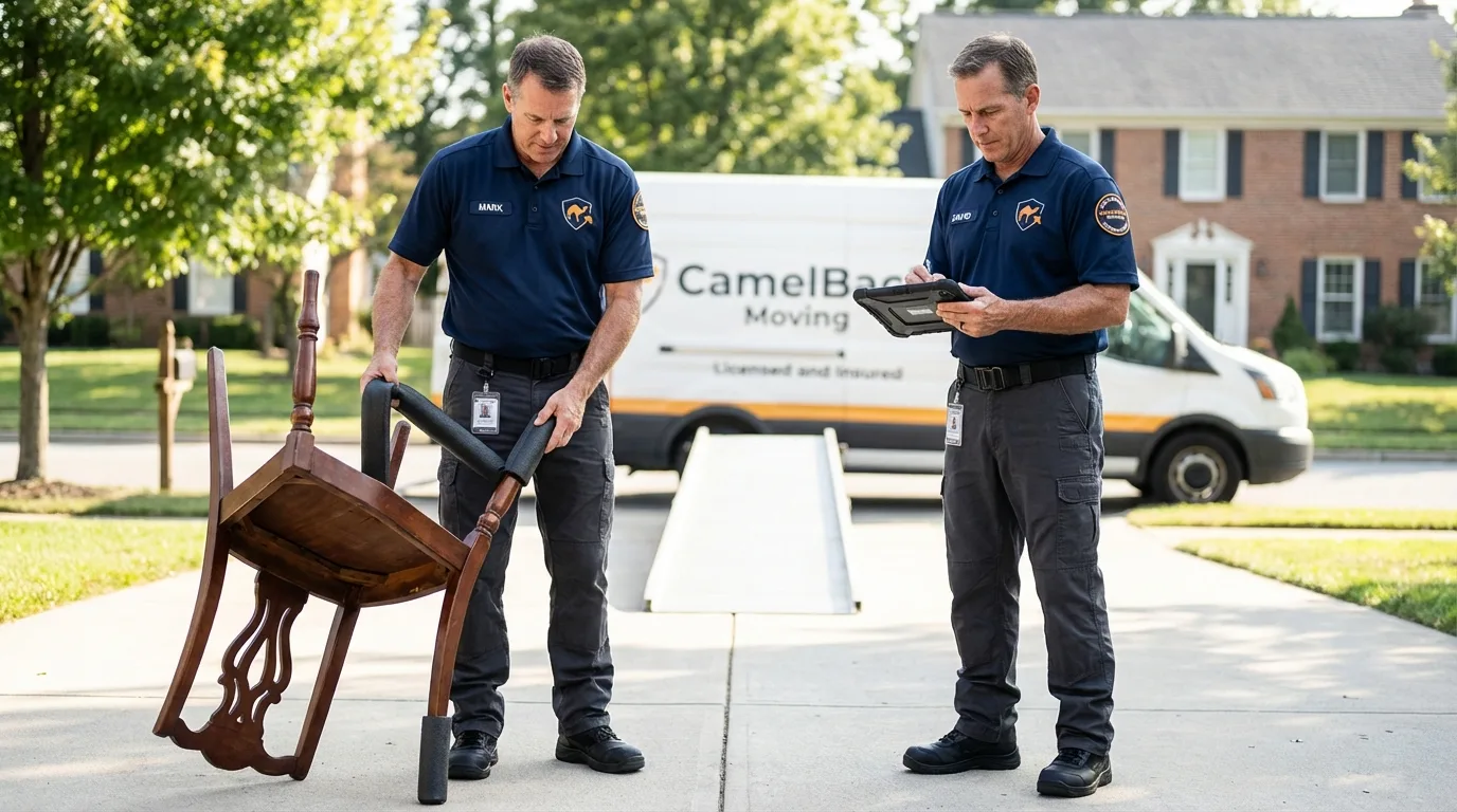 Movers inspecting furniture for damage prevention before loading in Shattuck, OK