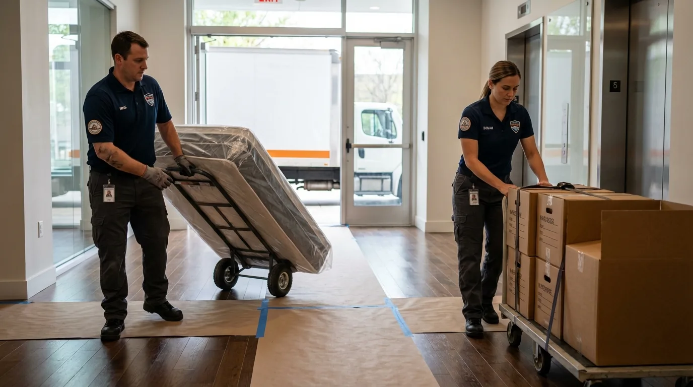 Professional apartment movers loading elevator in Shattuck, OK
