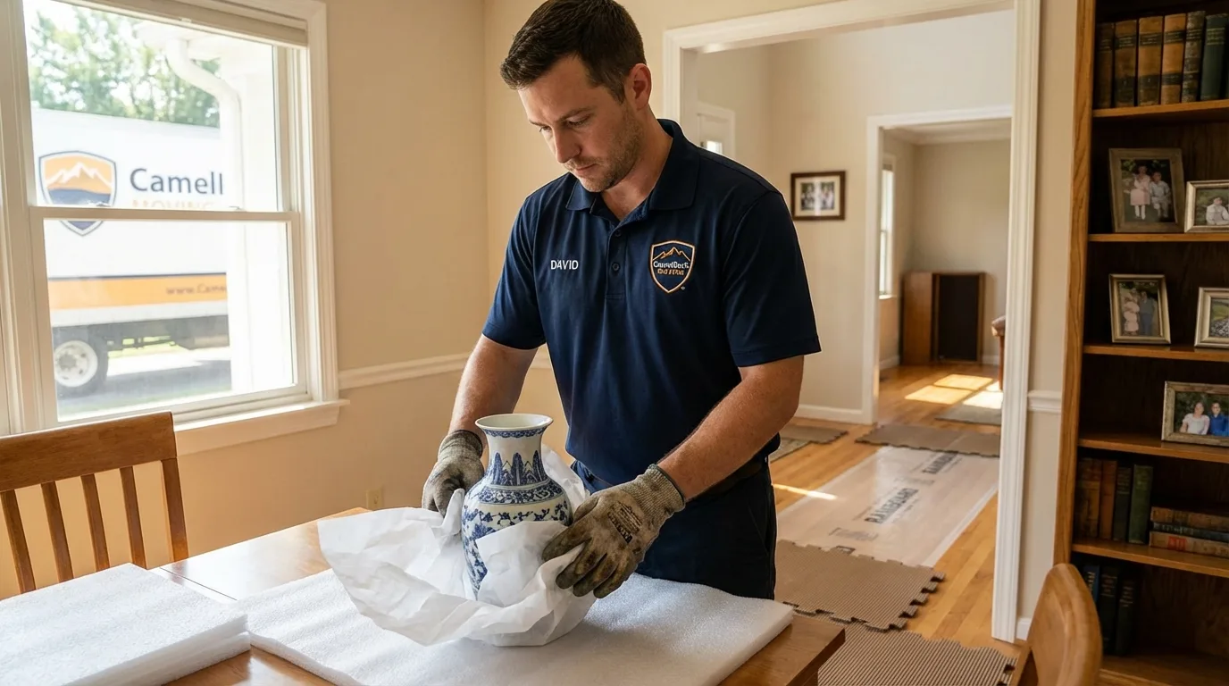 Professional crew carefully wrapping antique vase for senior downsizing move in Shattuck, OK